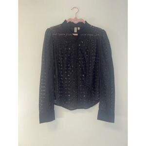 Anthropologie Lace Button Down Top Gray Geometric Blouse Size 8 Office Boho Folk